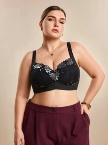 Hourtrue 蕾丝拼接性感女士文胸，休闲舒适简约后背设计，加厚女士文胸，大码无钢圈文胸 - 黑色 - 查看 3