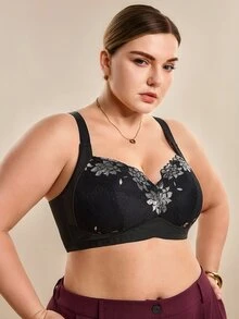 Hourtrue 蕾丝拼接性感女士文胸，休闲舒适简约后背设计，加厚女士文胸，大码无钢圈文胸 - 黑色 - 查看 7