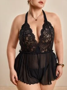 Hourtrue Bodysuit Jala Transparan Leher Halter dengan Sambungan Renda Ukuran Plus - Hitam - View 6