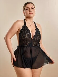 Hourtrue Bodysuit Jala Transparan Leher Halter dengan Sambungan Renda Ukuran Plus - Hitam - View 4
