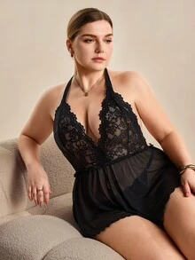 Hourtrue Bodysuit Jala Transparan Leher Halter dengan Sambungan Renda Ukuran Plus - Hitam - View 8