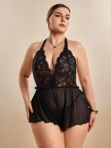Hourtrue Bodysuit Jala Transparan Leher Halter dengan Sambungan Renda Ukuran Plus - Hitam - View 5