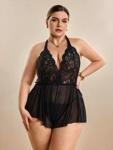 Hourtrue Bodysuit Jala Transparan Leher Halter dengan Sambungan Renda Ukuran Plus - Hitam - View 3