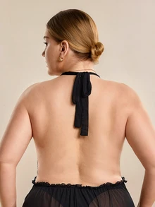 Hourtrue Bodysuit Jala Transparan Leher Halter dengan Sambungan Renda Ukuran Plus - Hitam - View 2