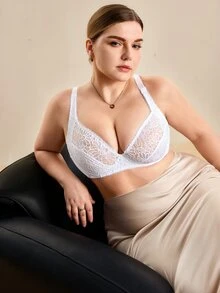 Hourtrue 大码女士透明蕾丝钢圈文胸，优雅法式风格 - 白色 - 查看 4