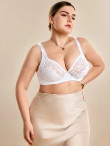 Hourtrue 大码女士透明蕾丝钢圈文胸，优雅法式风格 - 白色 - 查看 8