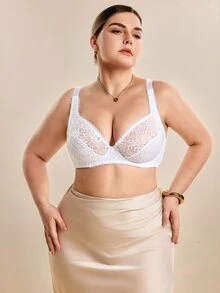 Hourtrue 大码女士透明蕾丝钢圈文胸，优雅法式风格 - 白色 - 查看 6