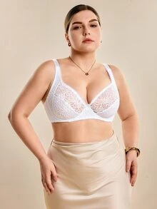 Hourtrue 大码女士透明蕾丝钢圈文胸，优雅法式风格 - 白色 - 查看 5