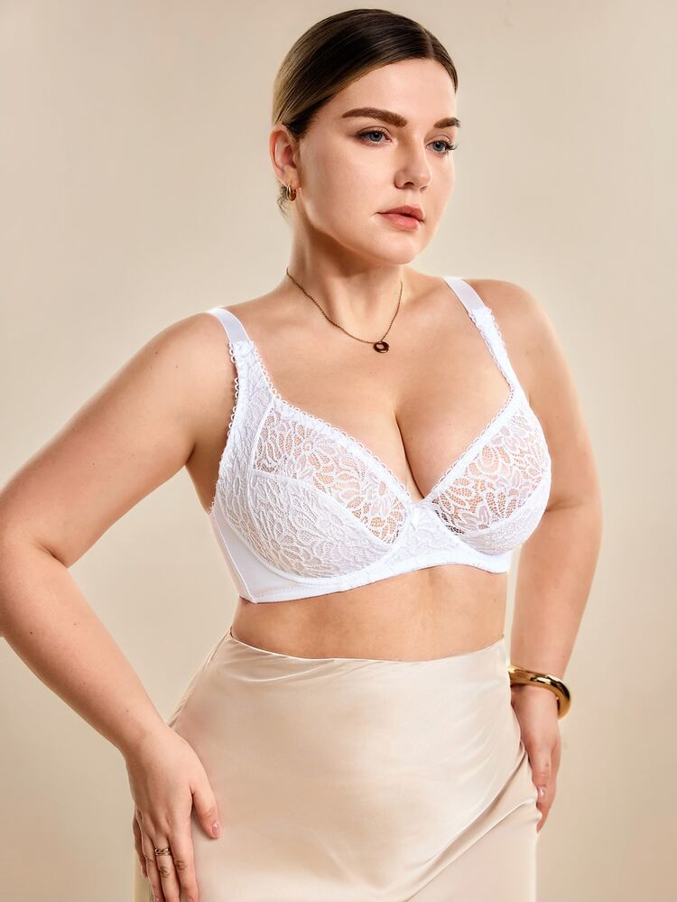 Hourtrue Plus Size Women Sheer Lace Underwire Bra, Elegant French Style - White - View 8