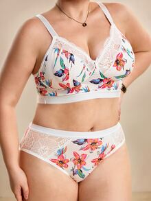 Hourtrue Plus Size Women Floral Print Wireless Soft & Comfortable Bra & Panty Set - White - View 6