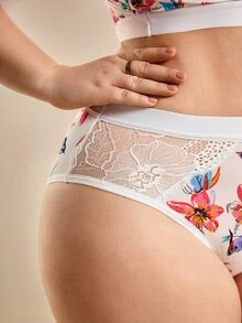 Hourtrue Plus Size Women Floral Print Wireless Soft & Comfortable Bra & Panty Set - White - View 8