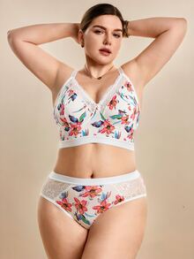 Hourtrue Plus Size Women Floral Print Wireless Soft & Comfortable Bra & Panty Set - White - View 4