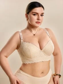Hourtrue 1Pc Women's Plus Size Lace-Patterned Steel Coil Bra - Full Cup Support And Lift Half Cup, Sexy Embroidery Design, Suitable For Backless Tops, Anti-Sagging Daily T-Shirt Bra - Apricot - View 8