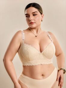 Hourtrue 1Pc Women's Plus Size Lace-Patterned Steel Coil Bra - Full Cup Support And Lift Half Cup, Sexy Embroidery Design, Suitable For Backless Tops, Anti-Sagging Daily T-Shirt Bra - Apricot - View 6