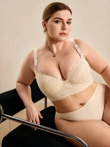 Hourtrue 1Pc Women's Plus Size Lace-Patterned Steel Coil Bra - Full Cup Support And Lift Half Cup, Sexy Embroidery Design, Suitable For Backless Tops, Anti-Sagging Daily T-Shirt Bra - Apricot - View 9