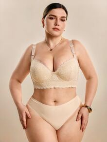 Hourtrue 1Pc Women's Plus Size Lace-Patterned Steel Coil Bra - Full Cup Support And Lift Half Cup, Sexy Embroidery Design, Suitable For Backless Tops, Anti-Sagging Daily T-Shirt Bra - Apricot - View 2
