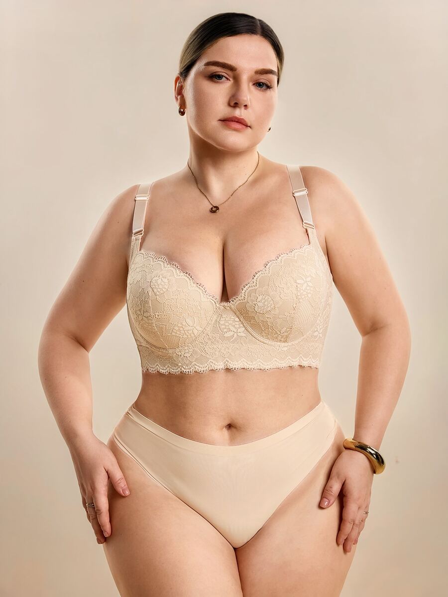 Hourtrue 1Pc Women's Plus Size Lace-Patterned Steel Coil Bra - Full Cup Support And Lift Half Cup, Sexy Embroidery Design, Suitable For Backless Tops, Anti-Sagging Daily T-Shirt Bra