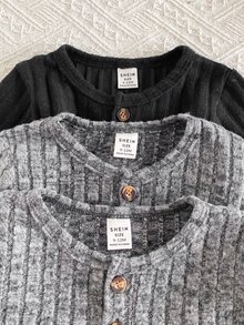 SHEIN Vintaside Kids 3件組男嬰春秋純白色圓領長袖T恤套裝，休閒簡約舒適百搭，可作為秋季底層穿著或冬季內搭，適合學校、戶外活動、運動健身等多種場合 - 彩色 - 查看 3