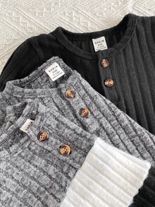 SHEIN Vintaside Kids 3件組男嬰春秋純白色圓領長袖T恤套裝，休閒簡約舒適百搭，可作為秋季底層穿著或冬季內搭，適合學校、戶外活動、運動健身等多種場合 - 彩色 - 查看 6