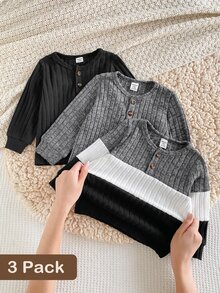 SHEIN Vintaside Kids 3件組男嬰春秋純白色圓領長袖T恤套裝，休閒簡約舒適百搭，可作為秋季底層穿著或冬季內搭，適合學校、戶外活動、運動健身等多種場合 - 彩色 - 查看 8