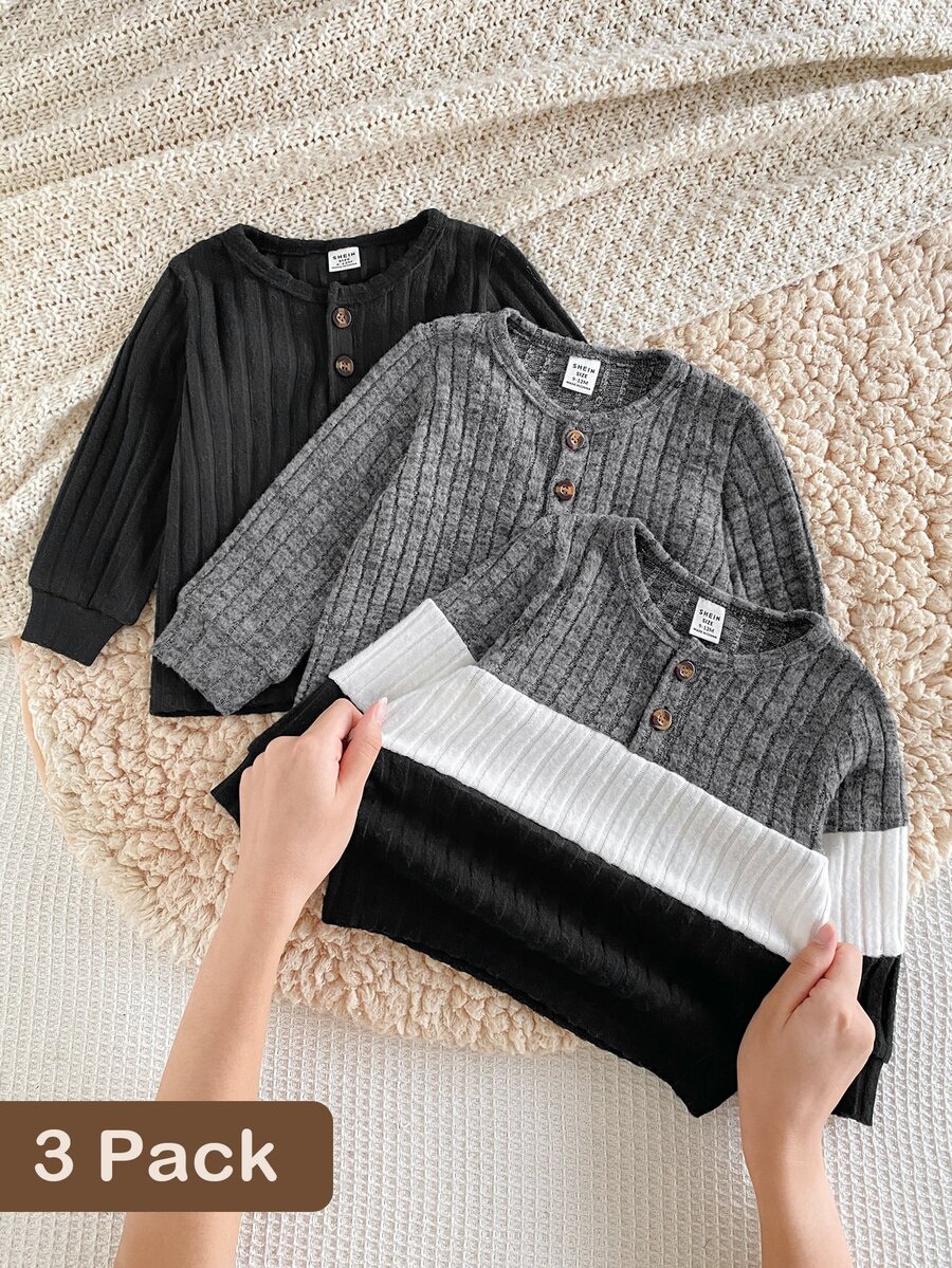 SHEIN 3件組男嬰春秋純白色圓領長袖T恤套裝,休閒簡約舒適百搭,可作為秋季底層穿著或冬季內搭,適合學校、戶外活動、運動健身等多種場合 - 彩色 - 查看 1