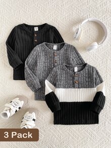 SHEIN Vintaside Kids 3件組男嬰春秋純白色圓領長袖T恤套裝，休閒簡約舒適百搭，可作為秋季底層穿著或冬季內搭，適合學校、戶外活動、運動健身等多種場合 - 彩色 - 查看 1