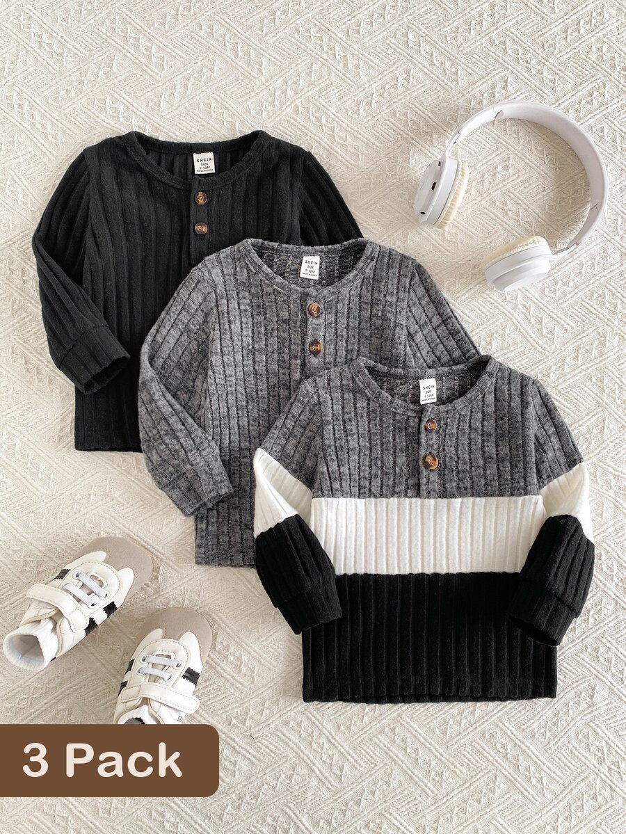 SHEIN Vintaside Kids 3件組男嬰春秋純白色圓領長袖T恤套裝,休閒簡約舒適百搭,可作為秋季底層穿著或冬季內搭,適合學校、戶外活動、運動健身等多種場合 - 彩色 - 查看 1