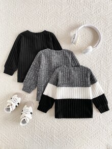 SHEIN Vintaside Kids 3件組男嬰春秋純白色圓領長袖T恤套裝，休閒簡約舒適百搭，可作為秋季底層穿著或冬季內搭，適合學校、戶外活動、運動健身等多種場合 - 彩色 - 查看 2