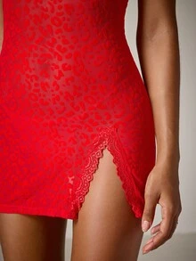 DreamPoppy 2pcs/Set Women Sexy Lace Patchwork Nightgown Set - Red - View 7