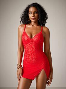 DreamPoppy 2pcs/Set Women Sexy Lace Patchwork Nightgown Set - Red - View 4