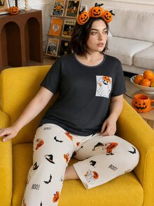 Chillnights Plus Size Women's Halloween Ghost & Pumpkin Print Short Sleeve Long Pants Pajama Set - Multicolor - View 4