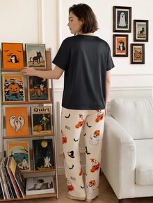 Chillnights Plus Size Women's Halloween Ghost & Pumpkin Print Short Sleeve Long Pants Pajama Set - Multicolor - View 6