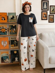Chillnights Plus Size Women's Halloween Ghost & Pumpkin Print Short Sleeve Long Pants Pajama Set - Multicolor - View 5
