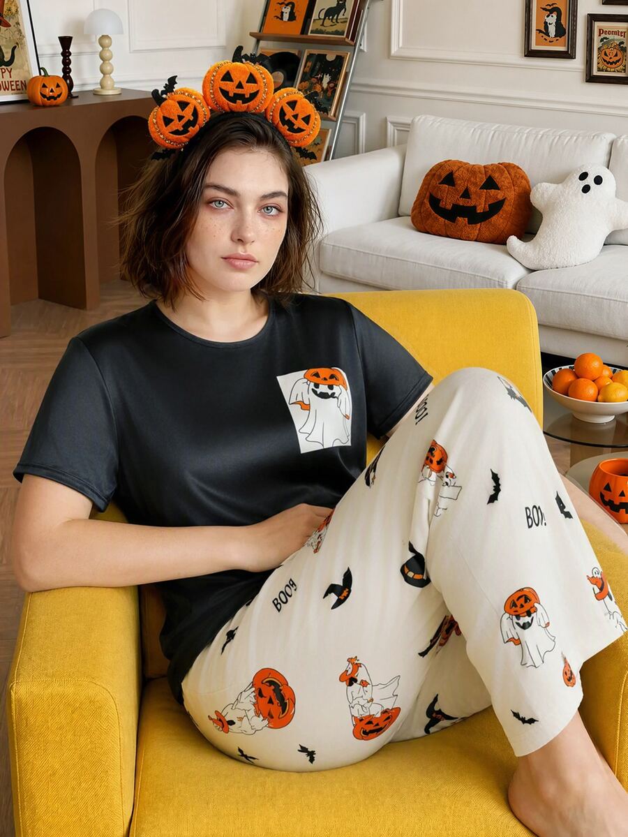 Chillnights Plus Size Women's Halloween Ghost & Pumpkin Print Short Sleeve Long Pants Pajama Set - Multicolor - View 1