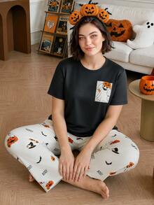 Chillnights Plus Size Women's Halloween Ghost & Pumpkin Print Short Sleeve Long Pants Pajama Set - Multicolor - View 2