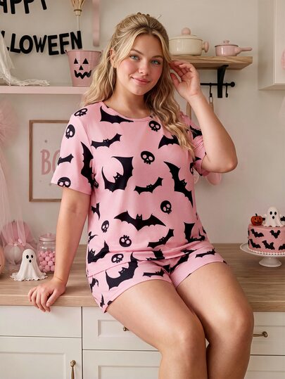 Slumberry CURVE Sweet & Cute Halloween Bat & Skull Print Round Neck Comfortable Loose Knit Plus Size Pajama Set
