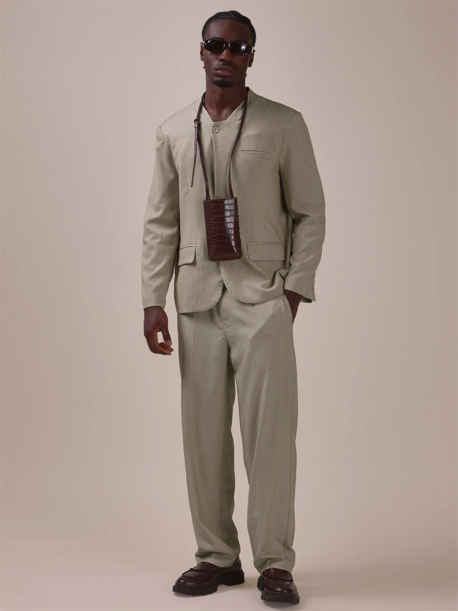 Musero Tailored Grained Granded Blazer Button Closure Welt Pocket Spring Summer Essentials Co Ord Blazer Only - Khaki - View 1