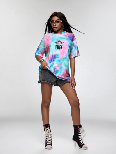 THE POWERPUFF GIRLS X SHEIN Tie-Dye And Blossom, Bubbles, Buttercup Pattern Crew Neck Short Sleeve T-Shirt Powerpuff Girls Shirt Powerpuff Girls Clothes Cartoon Character Shirts