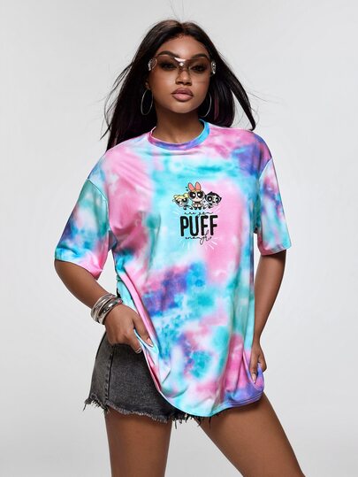 THE POWERPUFF GIRLS X SHEIN Tričko s krátkým rukávem a kulatým výstřihem, batikovaným vzorem a květem, bublinami a pryskyřníkem
