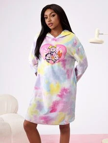 THE POWERPUFF GIRLS X SHEIN 女士秋冬扎染花朵、泡泡、毛茛图案连帽长袍 - 藍白色 - 查看 4