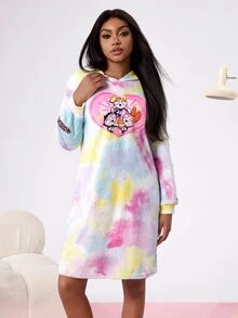 THE POWERPUFF GIRLS X SHEIN 女士秋冬扎染花朵、泡泡、毛茛图案连帽长袍 - 藍白色 - 查看 1