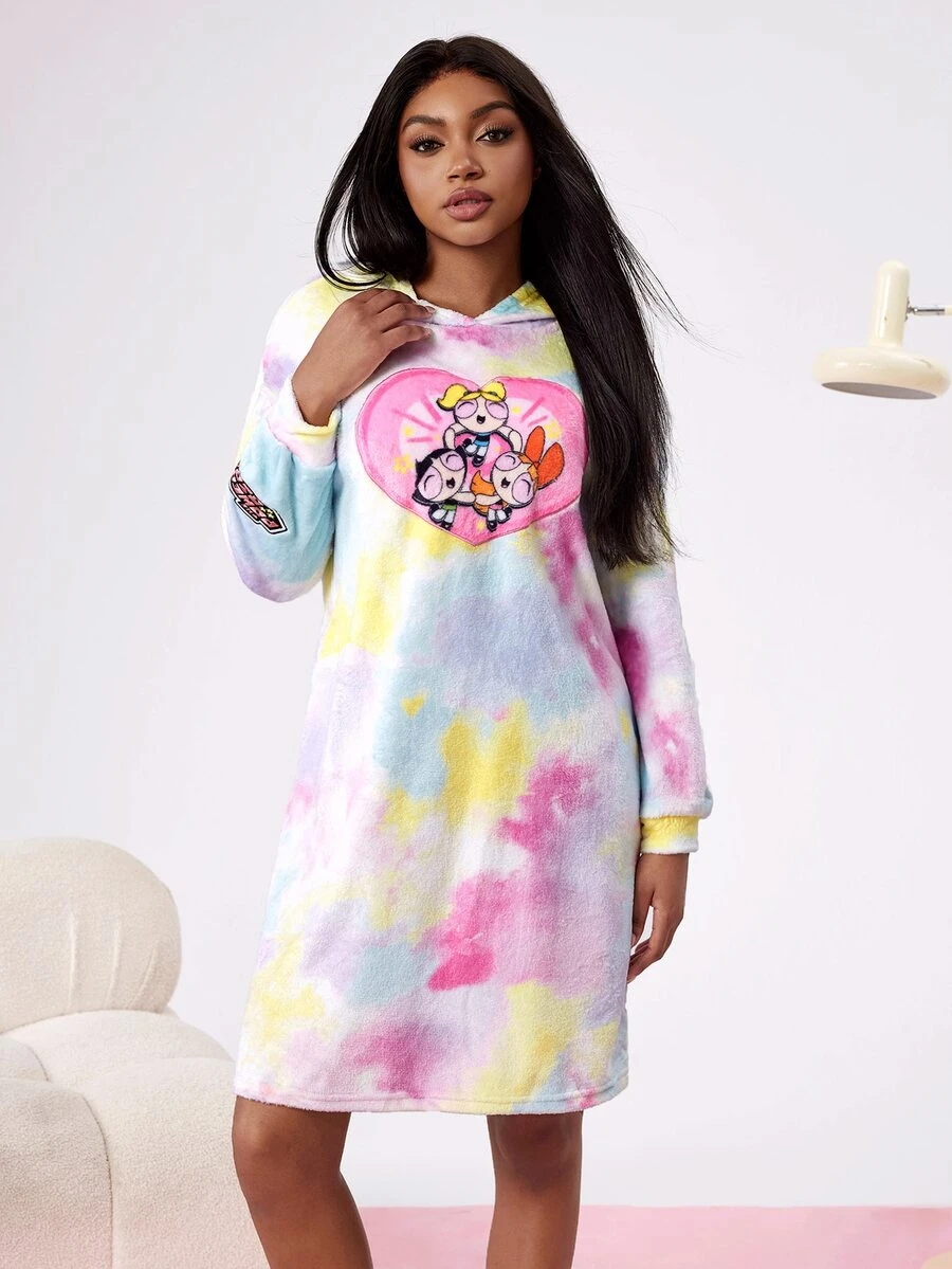 THE POWERPUFF GIRLS X SHEIN 女士秋冬扎染花朵、泡泡、毛茛图案连帽长袍 - 藍白色 - 查看 1
