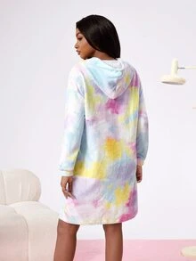 THE POWERPUFF GIRLS X SHEIN 女士秋冬扎染花朵、泡泡、毛茛图案连帽长袍 - 藍白色 - 查看 2
