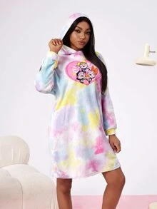 THE POWERPUFF GIRLS X SHEIN 女士秋冬扎染花朵、泡泡、毛茛图案连帽长袍 - 藍白色 - 查看 3