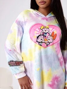 THE POWERPUFF GIRLS X SHEIN 女士秋冬扎染花朵、泡泡、毛茛图案连帽长袍 - 藍白色 - 查看 5