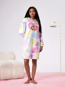 THE POWERPUFF GIRLS X SHEIN 女士秋冬扎染花朵、泡泡、毛茛图案连帽长袍 - 藍白色 - 查看 6