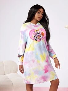 THE POWERPUFF GIRLS X SHEIN 女士秋冬扎染花朵、泡泡、毛茛图案连帽长袍 - 藍白色 - 查看 7