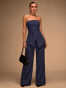 SHEIN BAE Minimalist Off-Shoulder Strapless Top And Pants Two-Piece Set For Everyday Commuting, Blue Striped Two-Piece Set, Elegant Commuting Suit. - Royal Blue - View 1