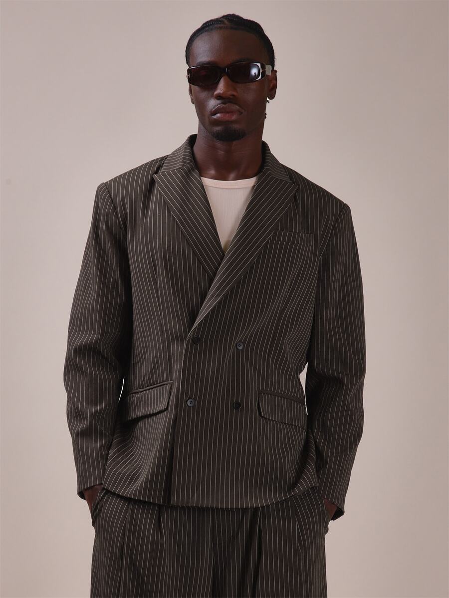 Musero Oversized Double Breatsed Wide Lapel Suit Jakcet Shoulder Pads Button Closure Spring Summer Essentials Co Ord Jacket Only - Coffee Brown - View 1