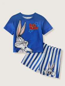 LOONEY TUNES X SHEIN 男婴字母卡通印花短袖T恤搭配条纹短裤休闲套装 - 藍色 - 查看 1